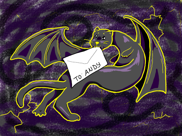 Zytsura, the Devine of Messages, in her zymra form and holding an envelope aaddressed to Andy