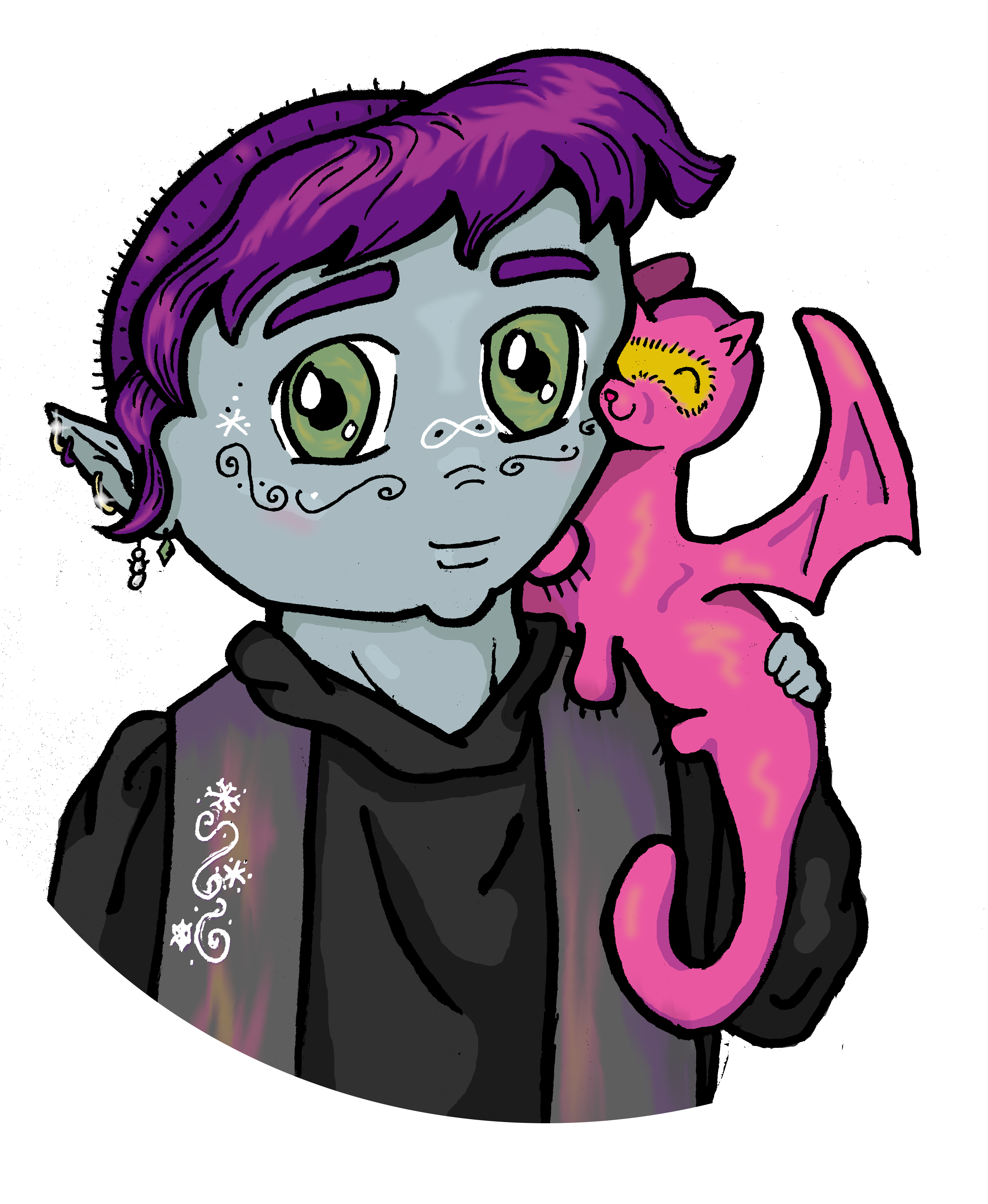 A chibi drawing of a greenish grey elf with short purple hair and large green eyes being nuzzled by a pink fantasy creature resembling a winged ferret